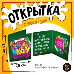 Открытка, СНОВА В ШКОЛУ, молочный шоколад, 5 г.