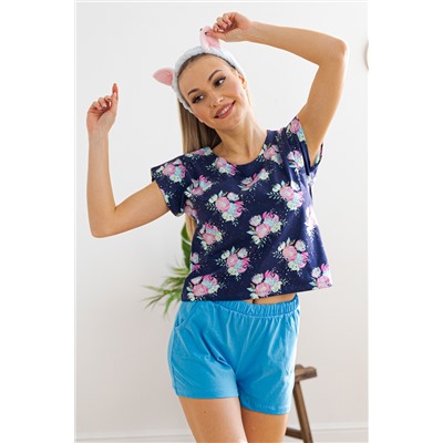Пижама женская из футболки со спущенным плечом и шорт Fairy-tale цветы на темно-синем