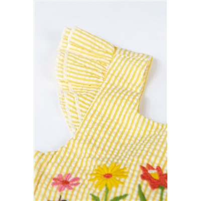 Frugi Yellow Seersucker Flower Detail Dress