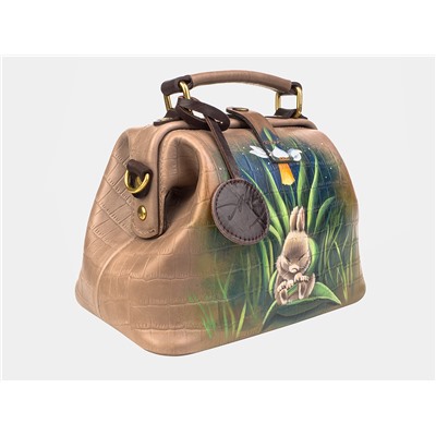 Бежевая кожаная сумка с росписью из натуральной кожи «W0013 Beige Brown Зайка под колокольчиком»