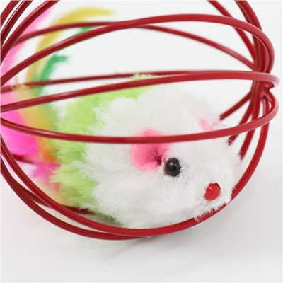 Игрушка "Мышь в шаре с перьями", 6 см, красный шар