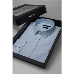 Синяя приталенная хлопковая рубашка с классическим воротником, которую легко гладить, в подарочной упаковке