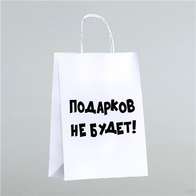 Пакет бумажный подарочный новогодний крафт с приколами, «Подарков не будет!», белый, 28 х 24 х 14 см.