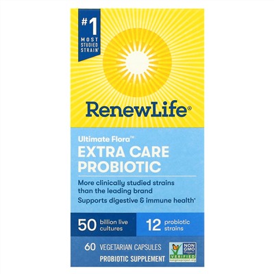 Renew Life, UltimateFlora, пробиотик с повышенной силой действия, 50млрд живых культур, 60вегетарианских капсул