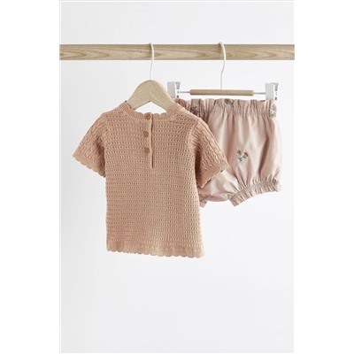 Rust Brown/Pink Baby Knitted Top and Woven Shorts Set (0mths-2yrs)