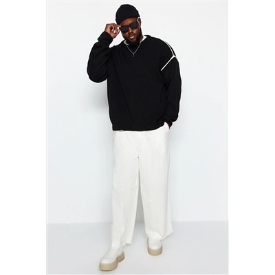 Черный мужской большой размер большого размера, широкий крой, вязаный свитер с круглым вырезом и окантовкой TMNAW24AN00000