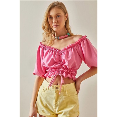 XHAN Розовая блузка со сборками и вырезом «лодочка» 5YXK2-47964-20