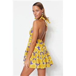 Мини-пляжное платье из 100% хлопка с цветочным узором и ткаными рюшами TBESS23EL00044