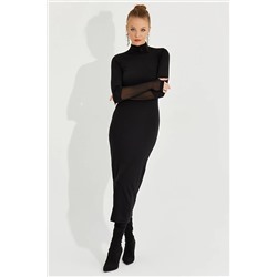 Женское черное платье миди из тюля с перчатками EY2600