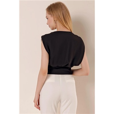 Z Giyim Женская черная блузка с v-образным вырезом, тремя пуговицами и нулевым рукавом