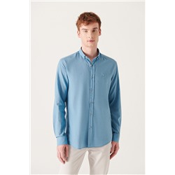 Рубашка стандартного кроя с длинным рукавом из 100 % хлопка цвета индиго, тонкая, мягкая на ощупь, с воротником на пуговицах