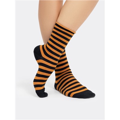 Высокие женские носки без резинки в черно-оранжевую полоску
