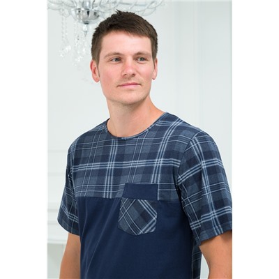 Пижама мужская из футболки с коротким рукавом и брюк из кулирки Макс темно-синяя клетка макси