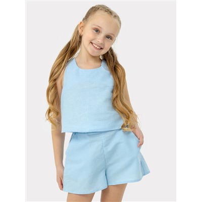 Комплект для девочек (топ, шорты) в голубом цвете, из льна и хлопка