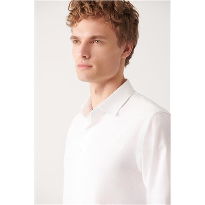 Белая рубашка, 100% хлопок, фактурный классический воротник, приталенный крой