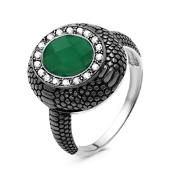Кольцо из серебра с пл.кварцем цв.зеленый агат, фианитами и тёмным родированием
