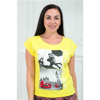Футболка женская со спущенным плечом из кулирки Лира жёлтый с принтом Moments
