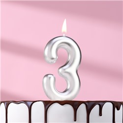 Свеча в торт "Европейская", цифра "3", 6 см, серебро