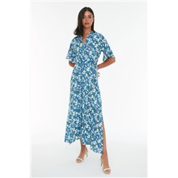 Темно-синее платье-рубашка макси из вискозной ткани с поясом и цветочным принтом TWOSS19EL0094