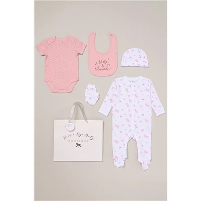 Rock-A-Bye Baby Boutique Pink Printed All in One Cotton 5-Piece Baby Gift Set