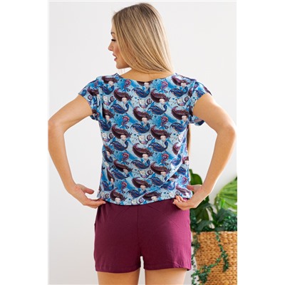Пижама женская из футболки со спущенным плечом и шорт из кулирки Fairy-tale русалки, голубой