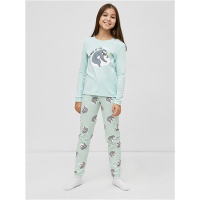 Хлопковый комплект (лонгслив и брюки) бирюзового цвета с ленивцами для девочек