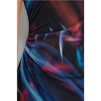 Эластичное трикотажное платье миди на подкладке из тюля с разноцветным принтом и оборками TWOSS23EL00808