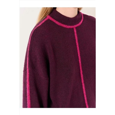 Темно-красный вязаный свитер свободного кроя с водолазкой и длинными рукавами