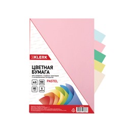 Бумага цветная А5, 80 г/кв.м, 100 листов, 5 цветов, пастель, ассорти KLERK 241792-Р
