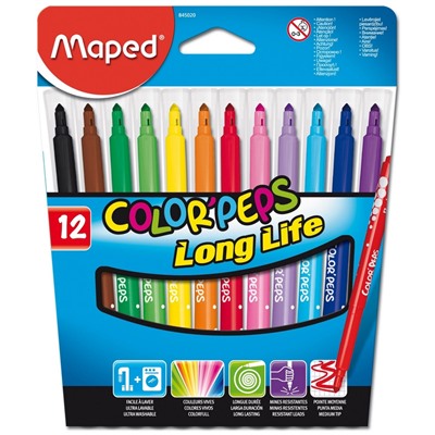 Фломастеры Maped COLOR'PEPS LONG LIFE,3хгр.пиш.узел,смываем,12цв/наб,845020