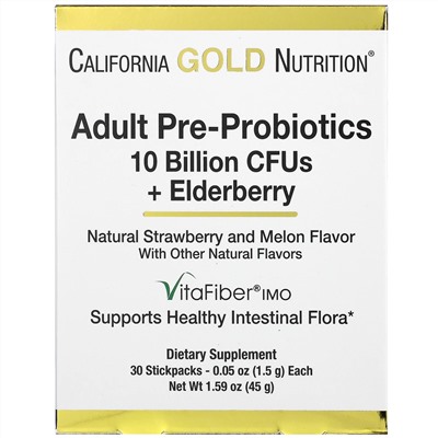 California Gold Nutrition, пребиотики и пробиотики для взрослых, 10млрд. КОЕ + бузина, натуральный клубнично-дынный вкус, 30пакетиков по 1,5г (0,05унции)