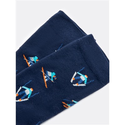 Махровые мужские носки темно-синего цвета с принтом в виде лыжников