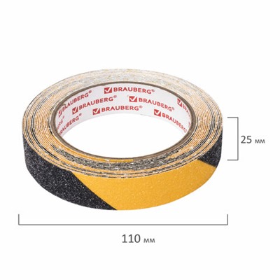 Клейкая ПРОТИВОСКОЛЬЗЯЩАЯ зернистая лента 25 мм х 5 м, ЧЕРНО-ЖЕЛТАЯ, основа ПВХ, BRAUBERG, 606773