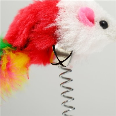 Дразнилка "Мышь на присоске", искусственный мех с цветными перьями,24 см, мышь красная/белая