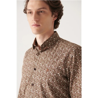 Мужская коричневая приталенная рубашка из 100% хлопка с абстрактным рисунком A22y2003