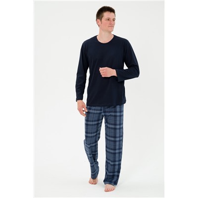 Пижама мужская из футболки с длинным рукавом и брюк из кулирки Генри темно-синяя клетка макс