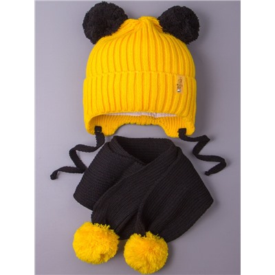 Шапка вязаная детская с бубонами на завязках, MY LITTLE BEAR + шарф, желтый с черным