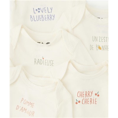 LOT DE 5 BODIES EN COTON BIOLOGIQUE BLANCS AVEC MESSAGE