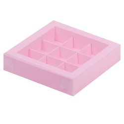 Коробка для конфет 9 шт с пластиковой крышкой Розовая матовая 155х155х30