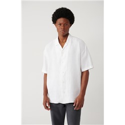 Белая рубашка оверсайз из 100% льна с открытым воротником и короткими рукавами
