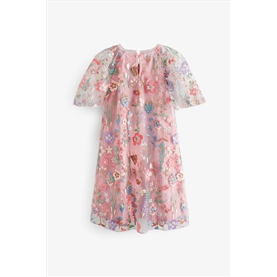 Pink Floral Embroidered Mesh Occasion Dress (3-16yrs)