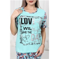 Пижама женская домашний интерлок из футболки и бридж LOVE ментол