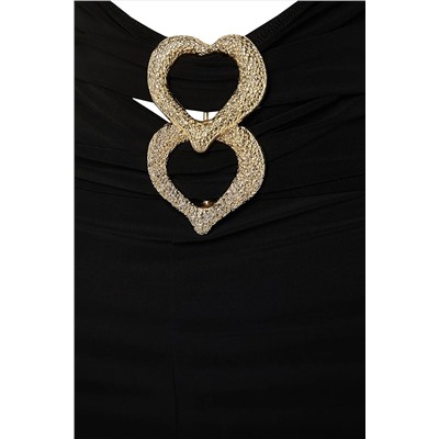 Черное элегантное вечернее платье с открытыми плечами и вырезом TPRSS23EL00261