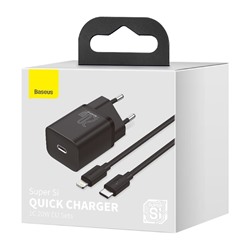Зарядка Baseus Super Si Quick Charger 1C 20W EU Sets Black (With Baseus Simple Wisdom Data Cable Type-C to iP 1m) (TZCCSUP-B01) - Black