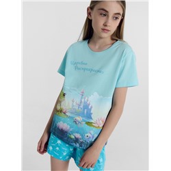Комплект для девочек (футболка, шорты) лазурно-голубой с печатью
