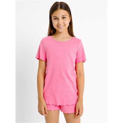 Пижама для девочек (футболка, шорты) в розовом цвете с текстовой перфорацией