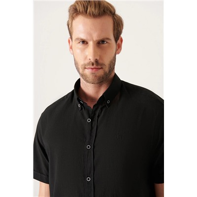 Мужская черная рубашка обычного кроя из 100% хлопка с коротким рукавом и воротником на пуговицах E002210
