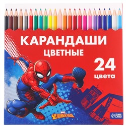 Карандаши 24 цвета, заточенные, шестигранные, картонная упаковка, европодвес, "Супергерой", Человек-паук