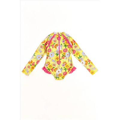 Nicole Miller Yellow Floral Long Sleeves Rash Guard