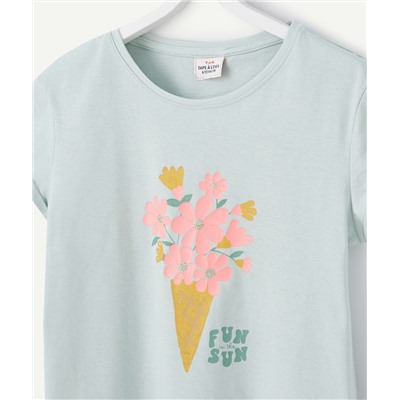 T-SHIRT FILLE EN COTON REYCLÉ VERT D'EAU AVEC CORNET DE FLEURS